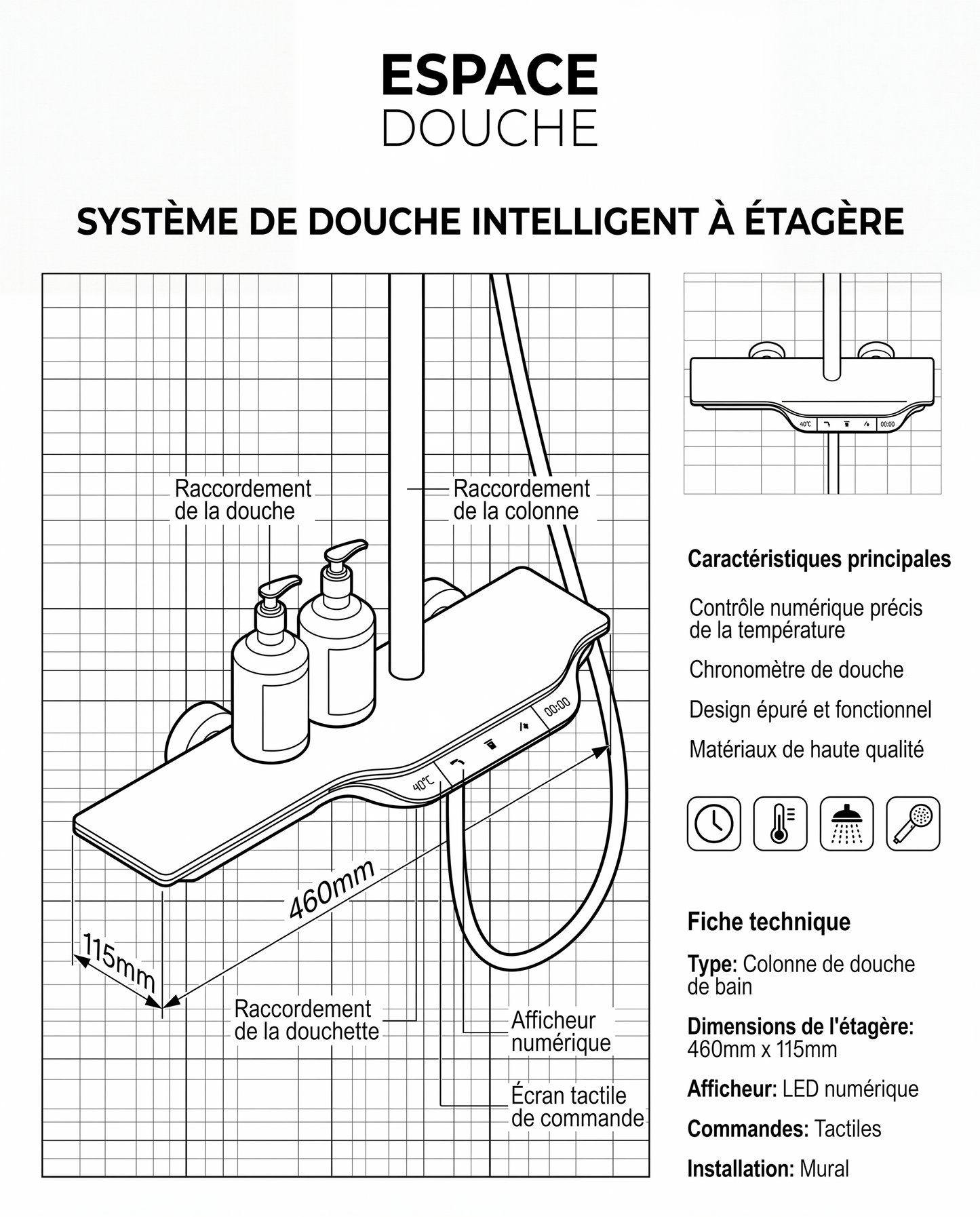 Colonne de douche thermostatique Elara gris