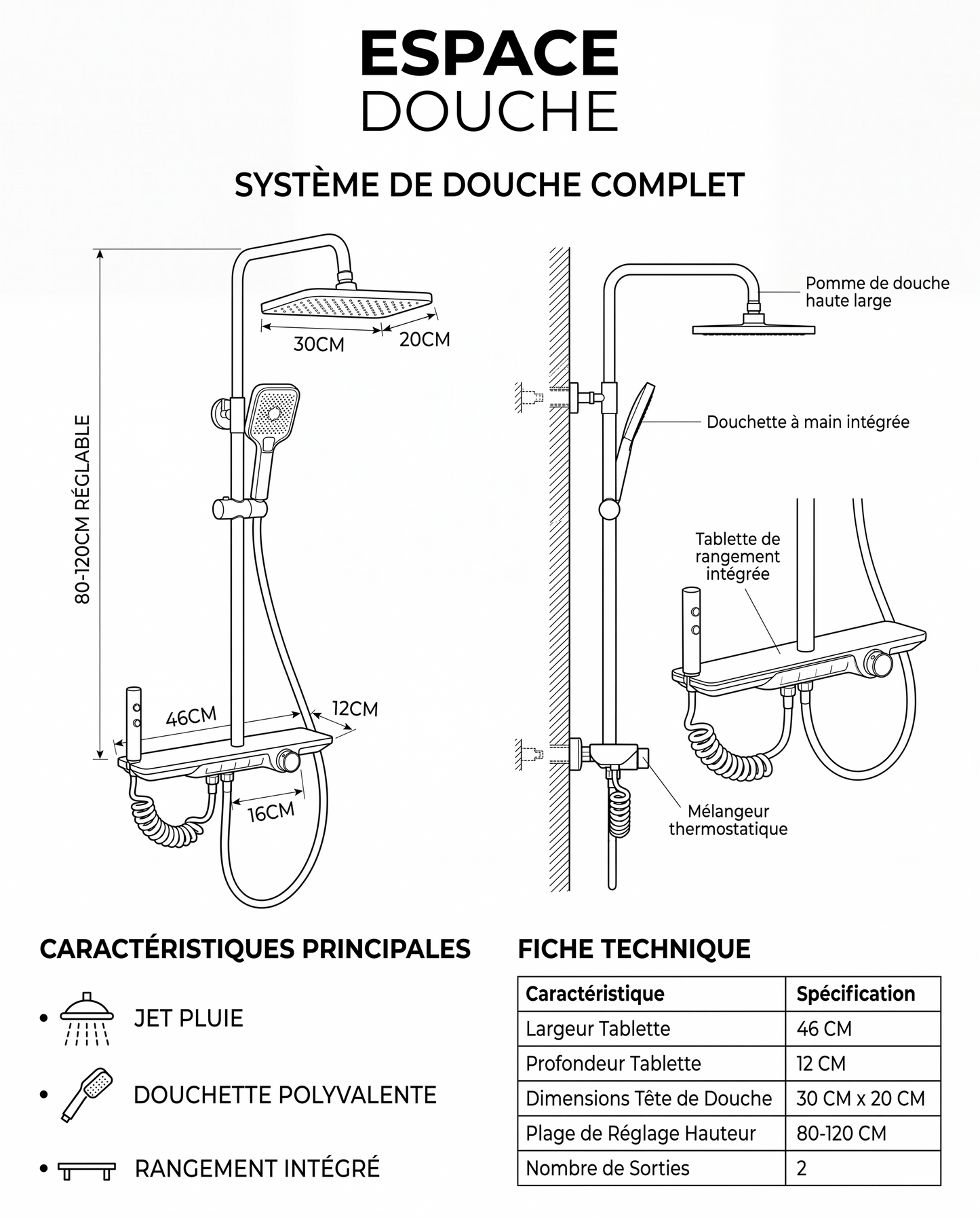Colonne de douche thermostatique Evara Gris