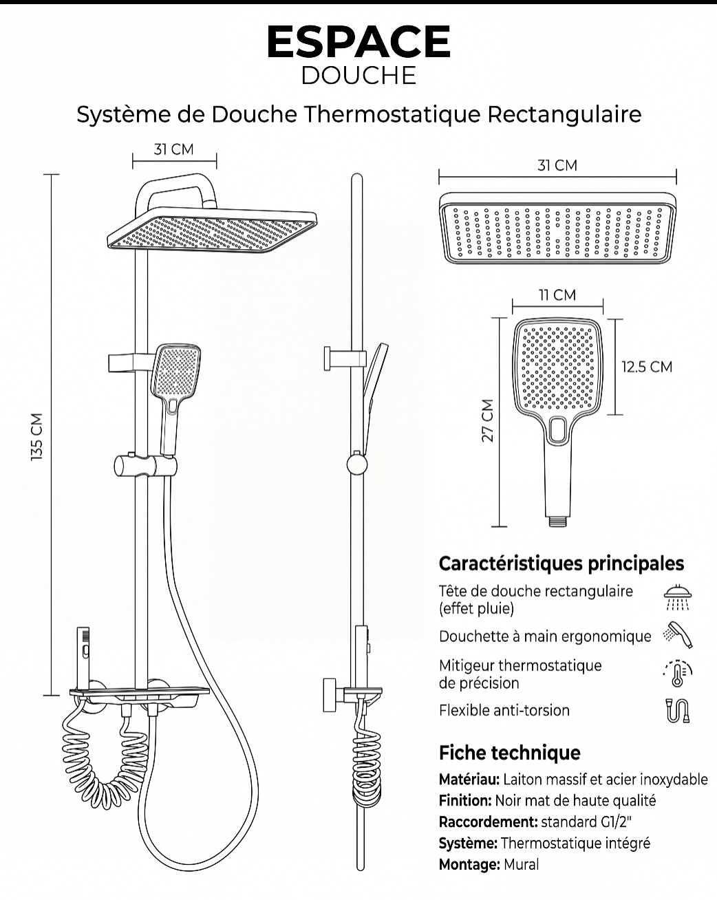 Colonne de douche thermostatique Elara noir mat