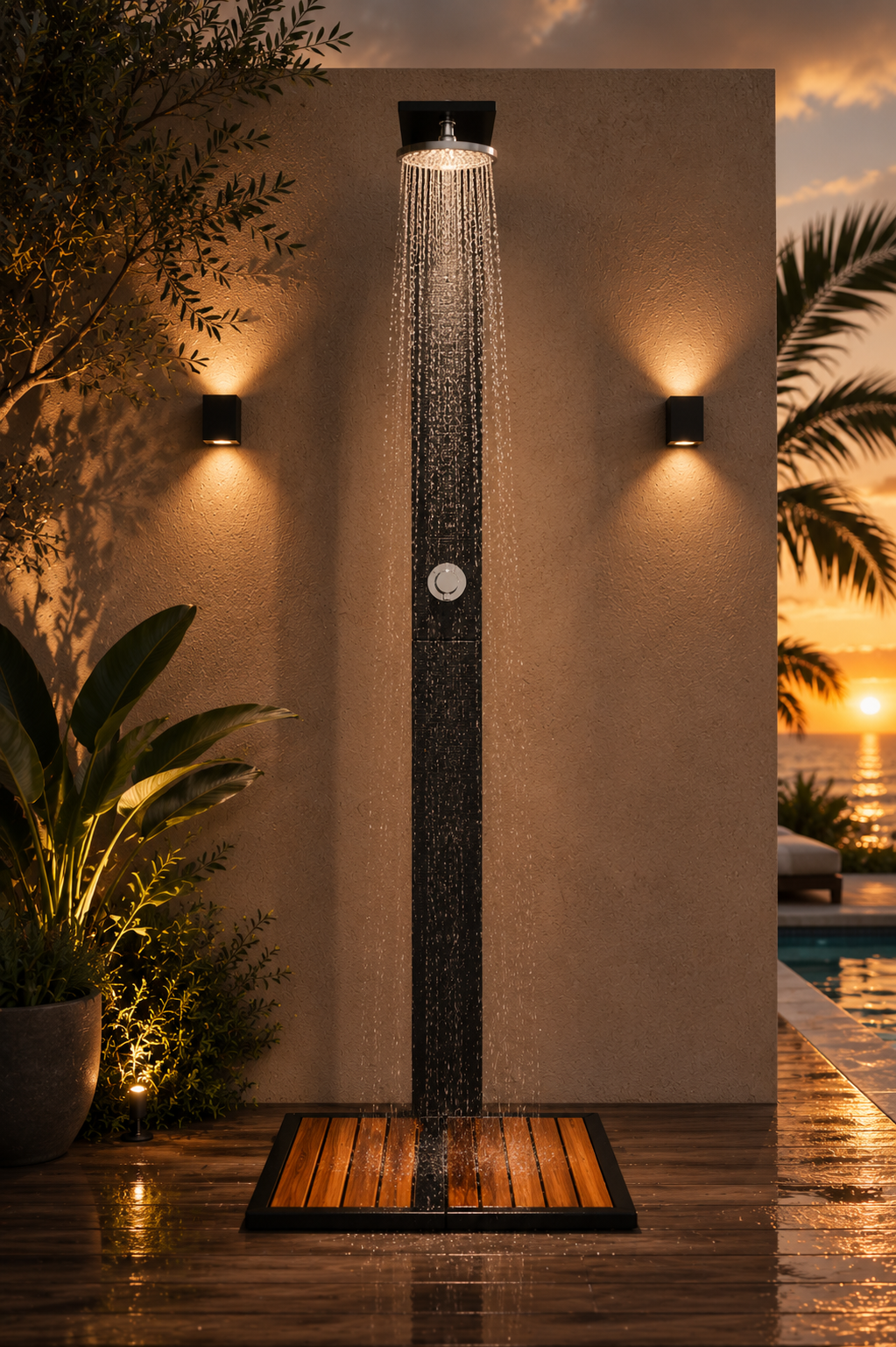 Douche extérieure noire résine et bois d'acacia