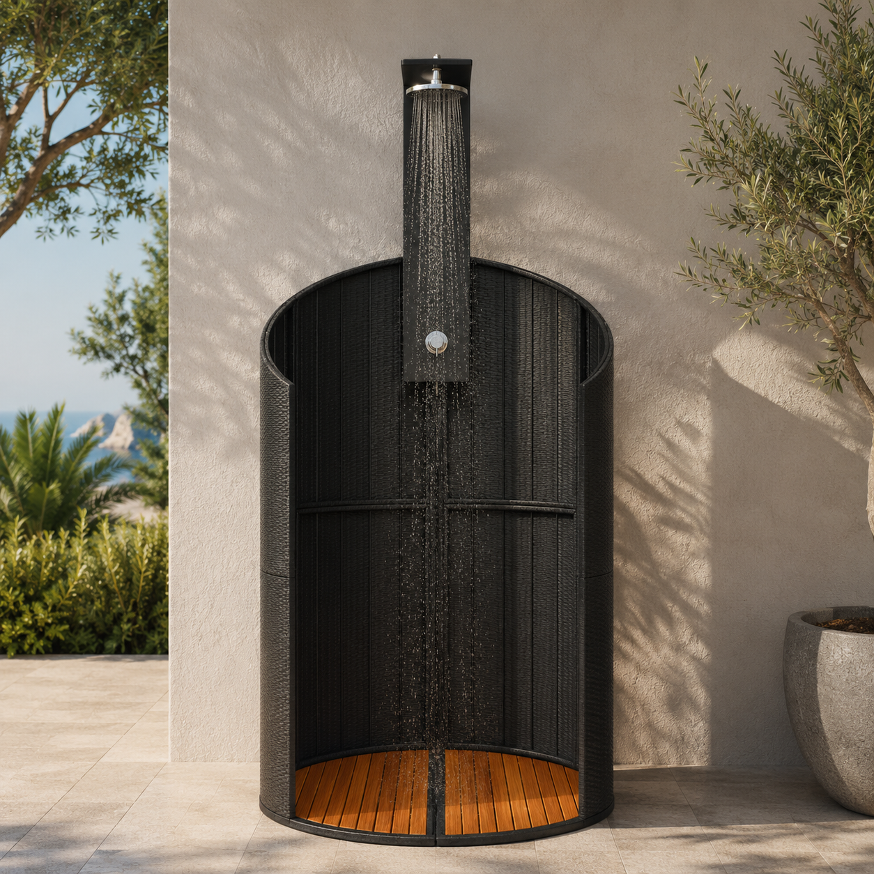 Douche extérieure noire en poly rotin