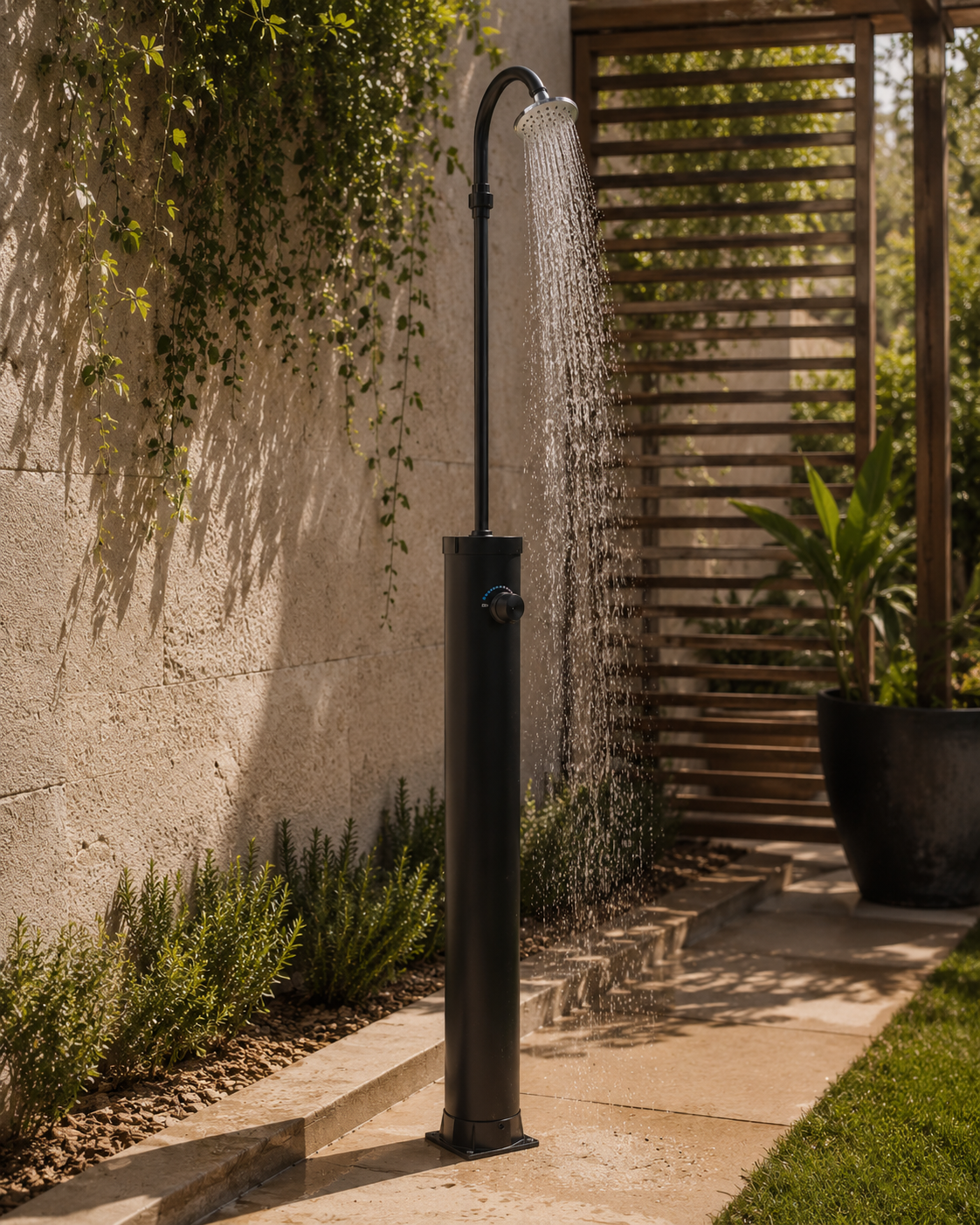Douche solaire en acier noir