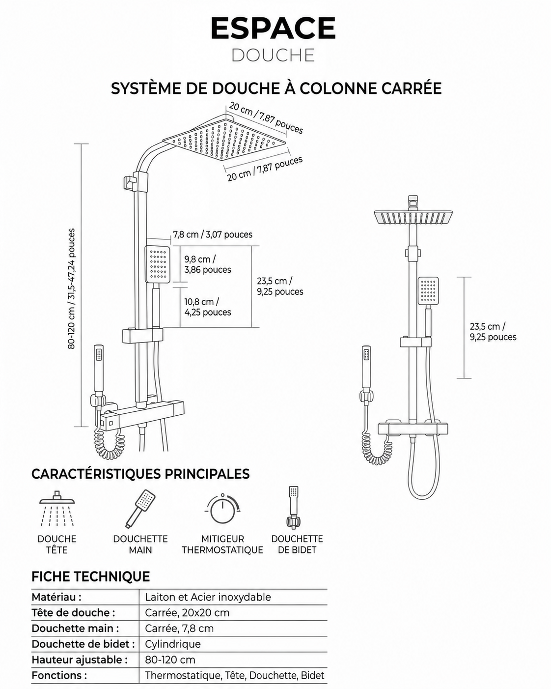 Colonne de douche avec mitigeur et bidet or brossé