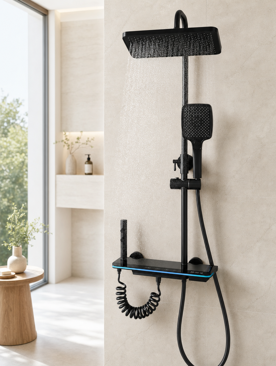 Colonne de douche thermostatique Elara noir mat - en fonctionnement