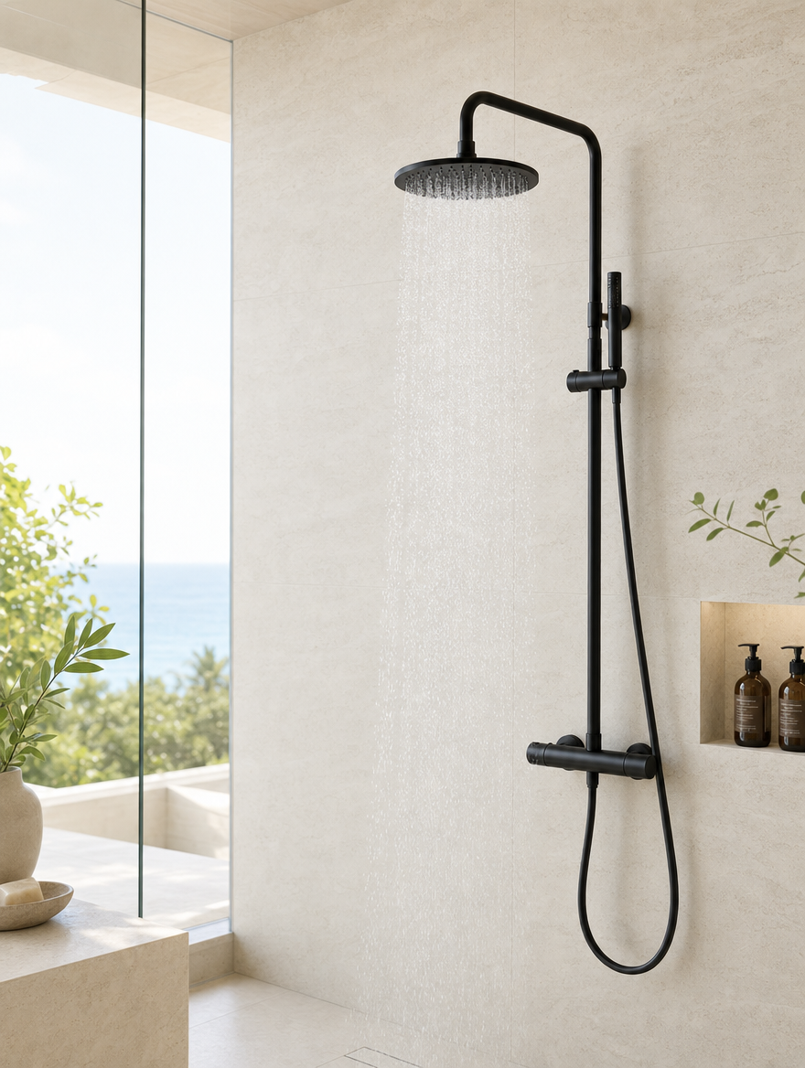 Colonne de douche thermostatique Amara noir mat - en fonctionnement