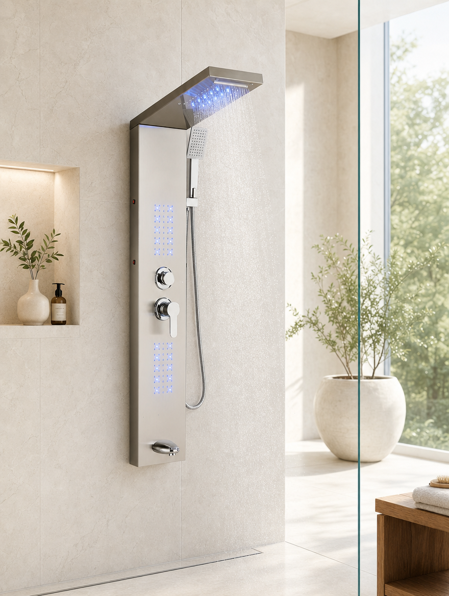 Colonne de douche hydromassante Rumi nickel poli - en fonctionnement