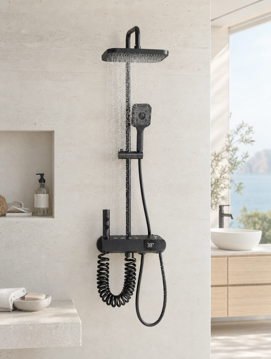 Colonne de douche avec mitigeur Iris noir - en fonctionnement
