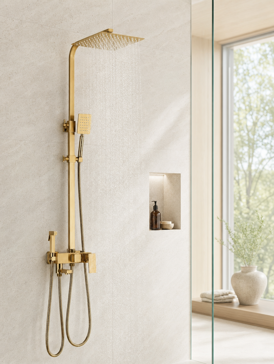 Colonne de douche avec mitigeur Ezra or brosse - en fonctionnement