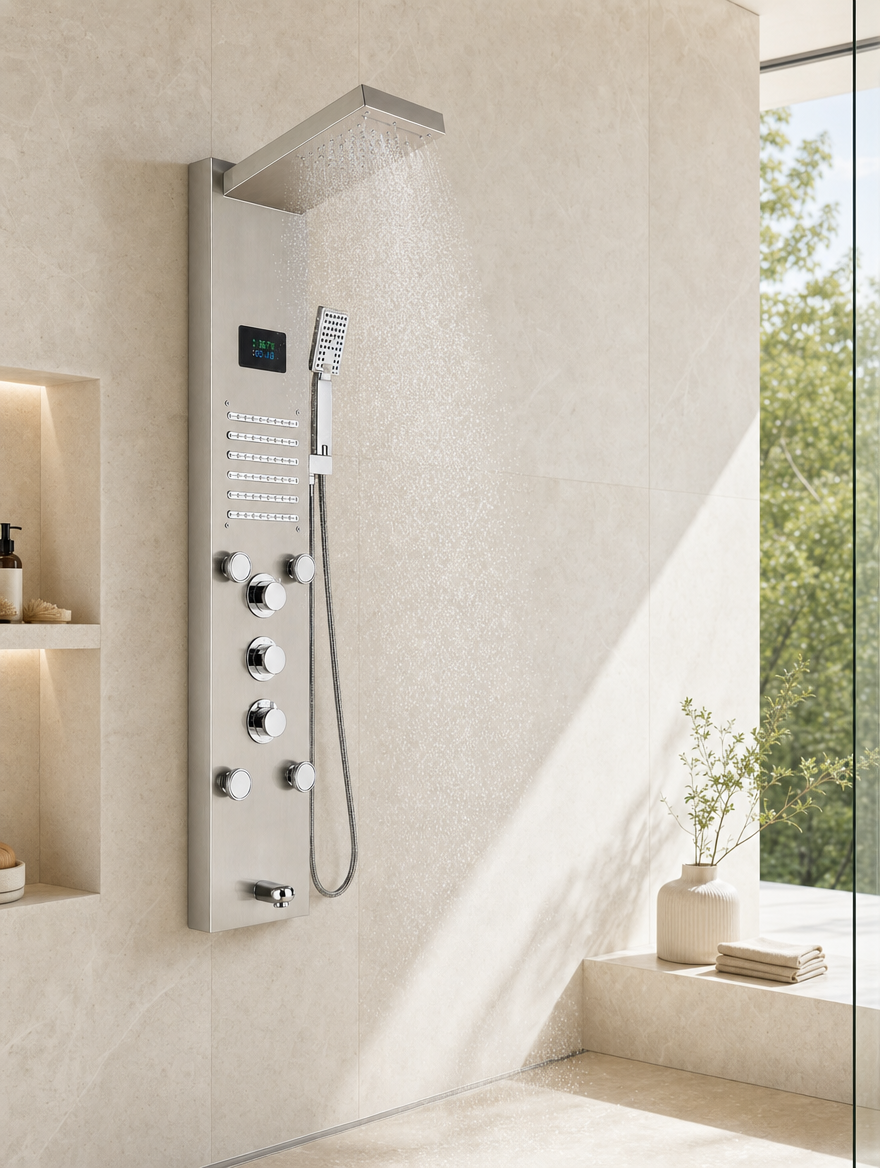 Colonne de douche hydromassante Wren nickel - en fonctionnement