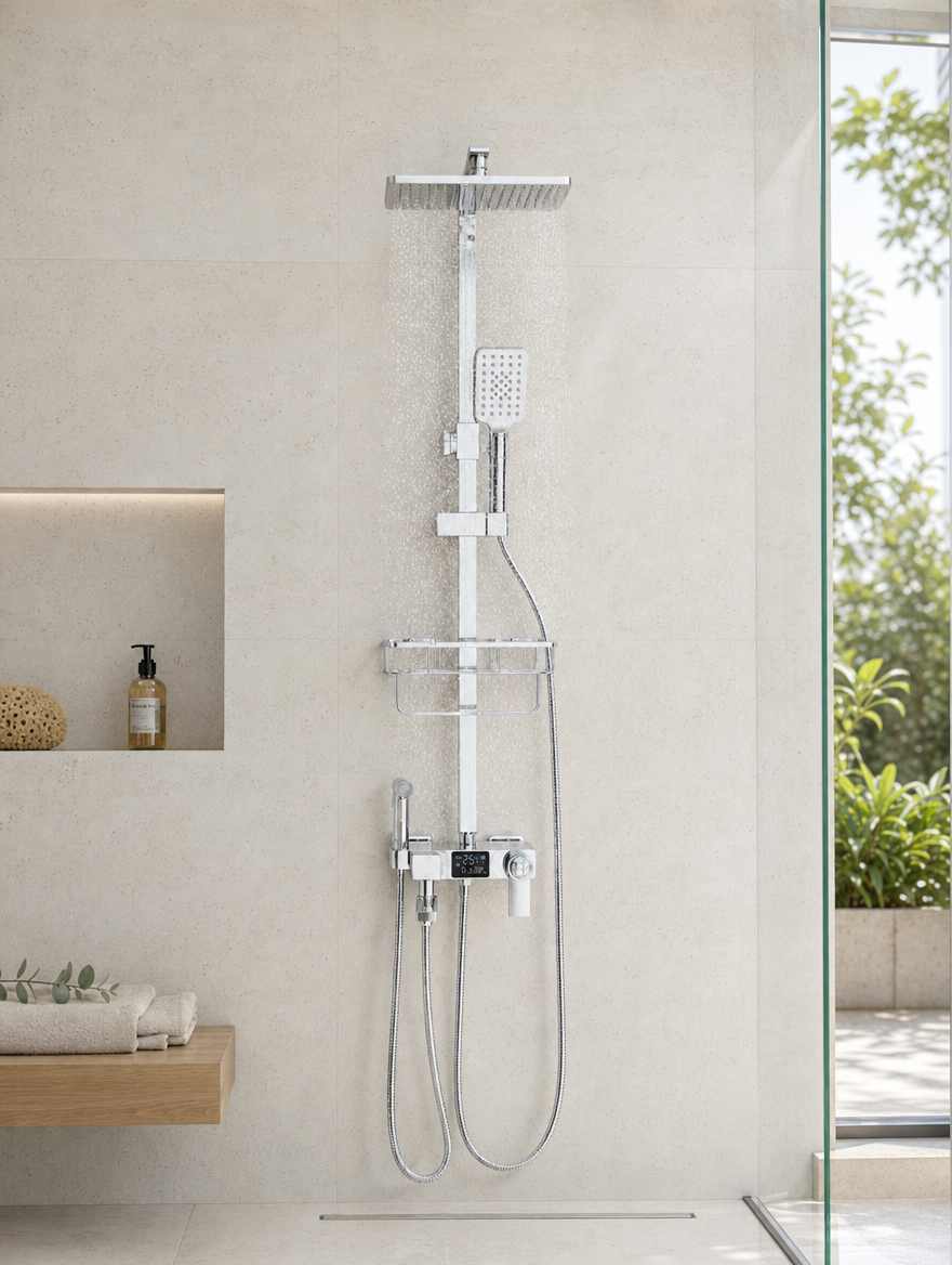 Colonne de douche thermostatique Elara chrome - en fonctionnement