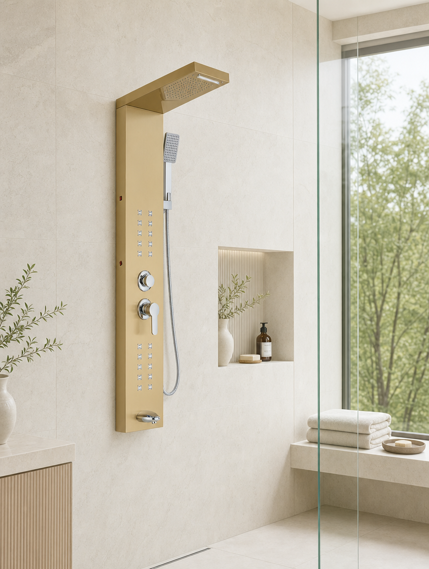 Colonne de douche hydromassante Rumi or brosse - ambiance claire