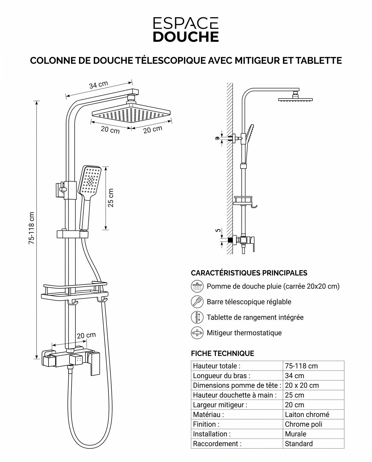 Colonne de douche avec mitigeur et robinet chrome