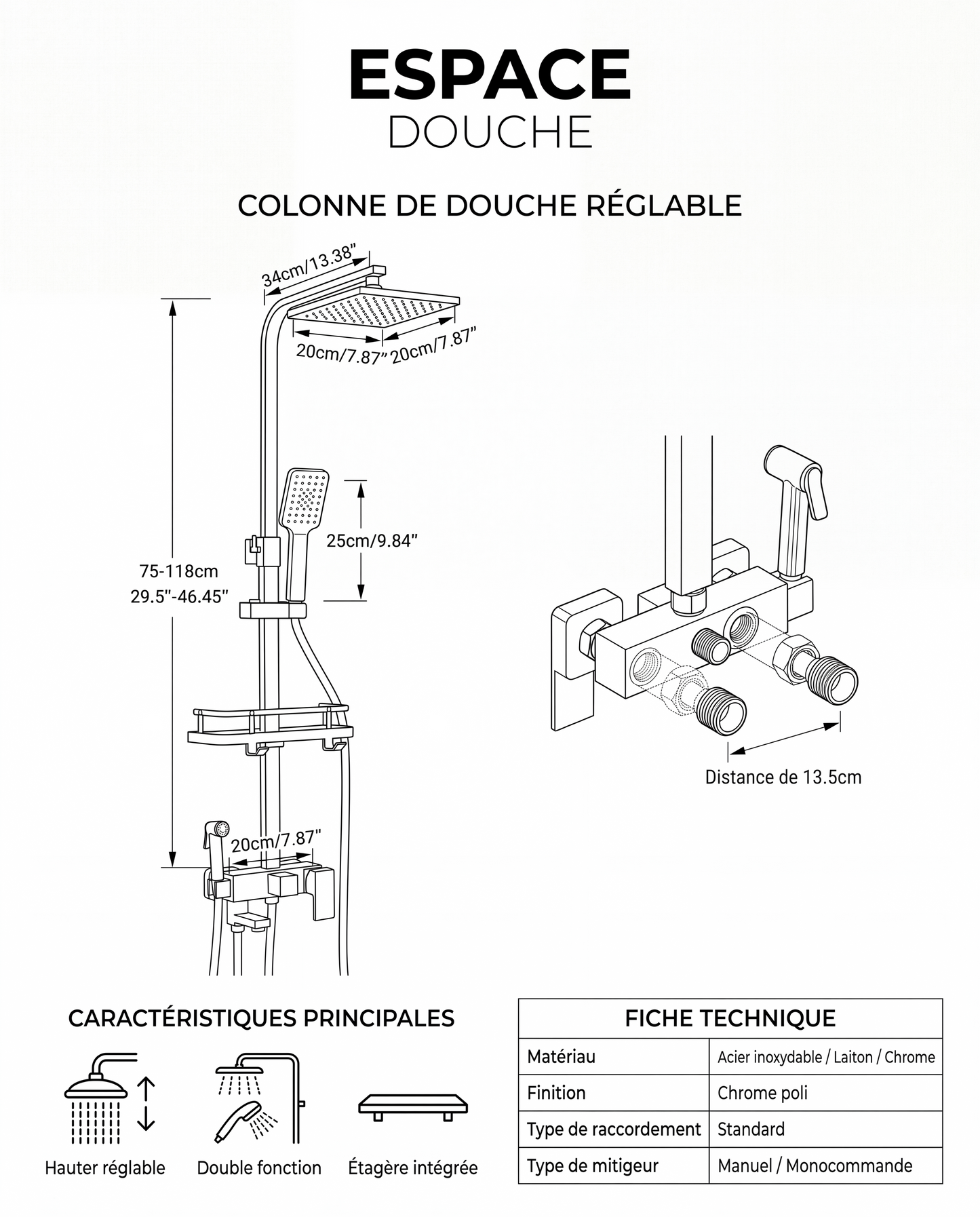 Colonne de douche avec mitigeur et douchette chrome