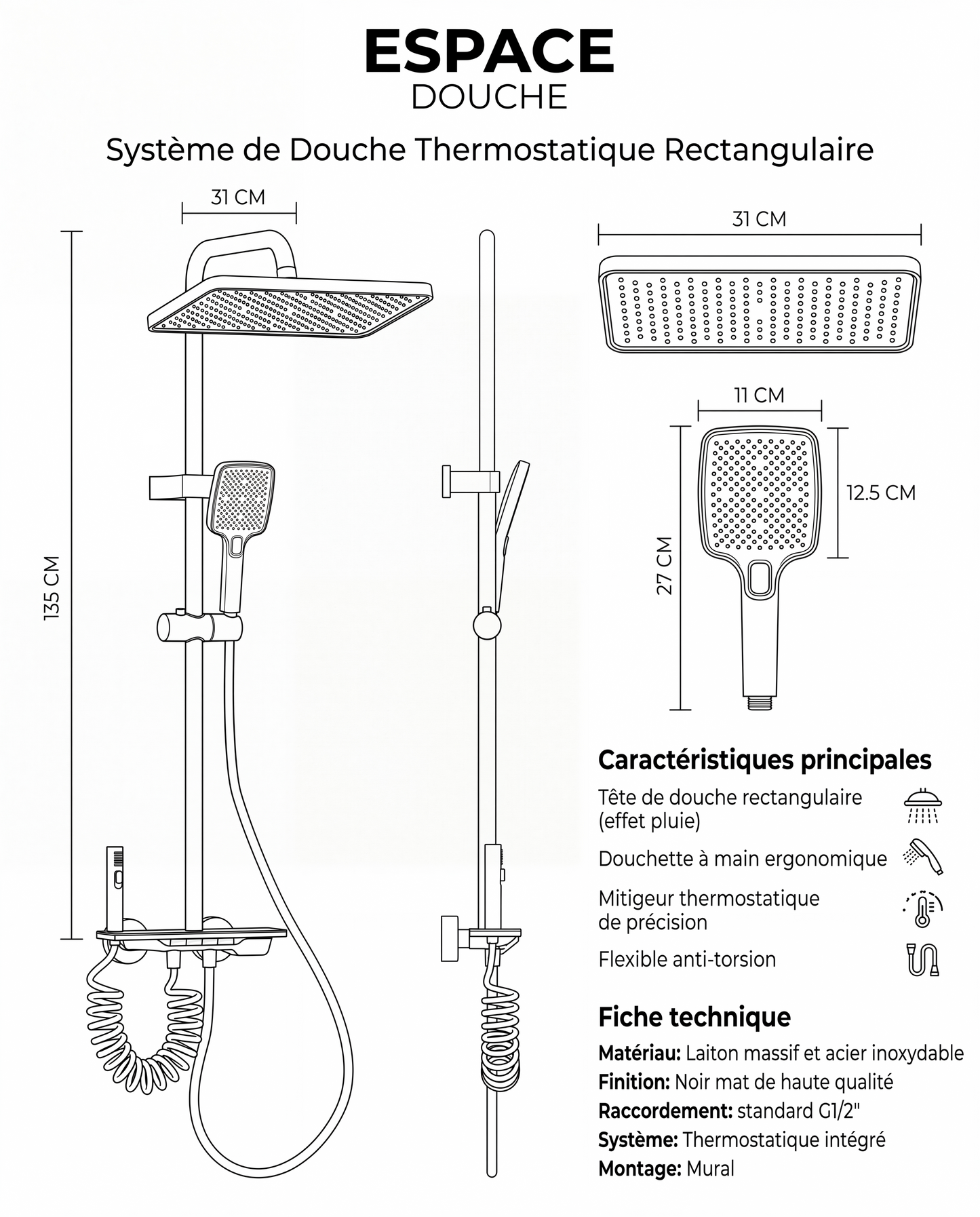 Colonne de douche thermostatique Elara gris