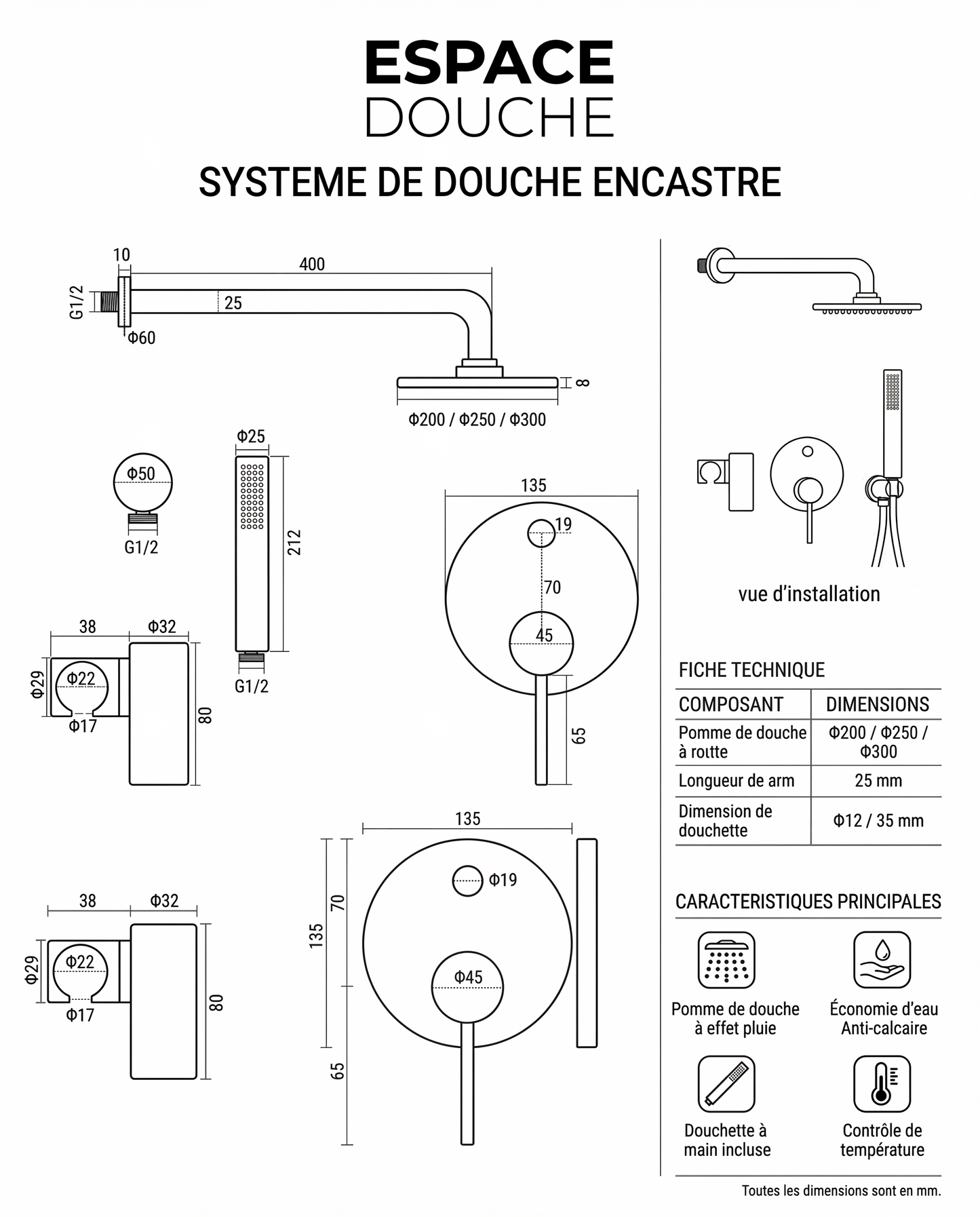 Colonne de douche encastrable noir mat