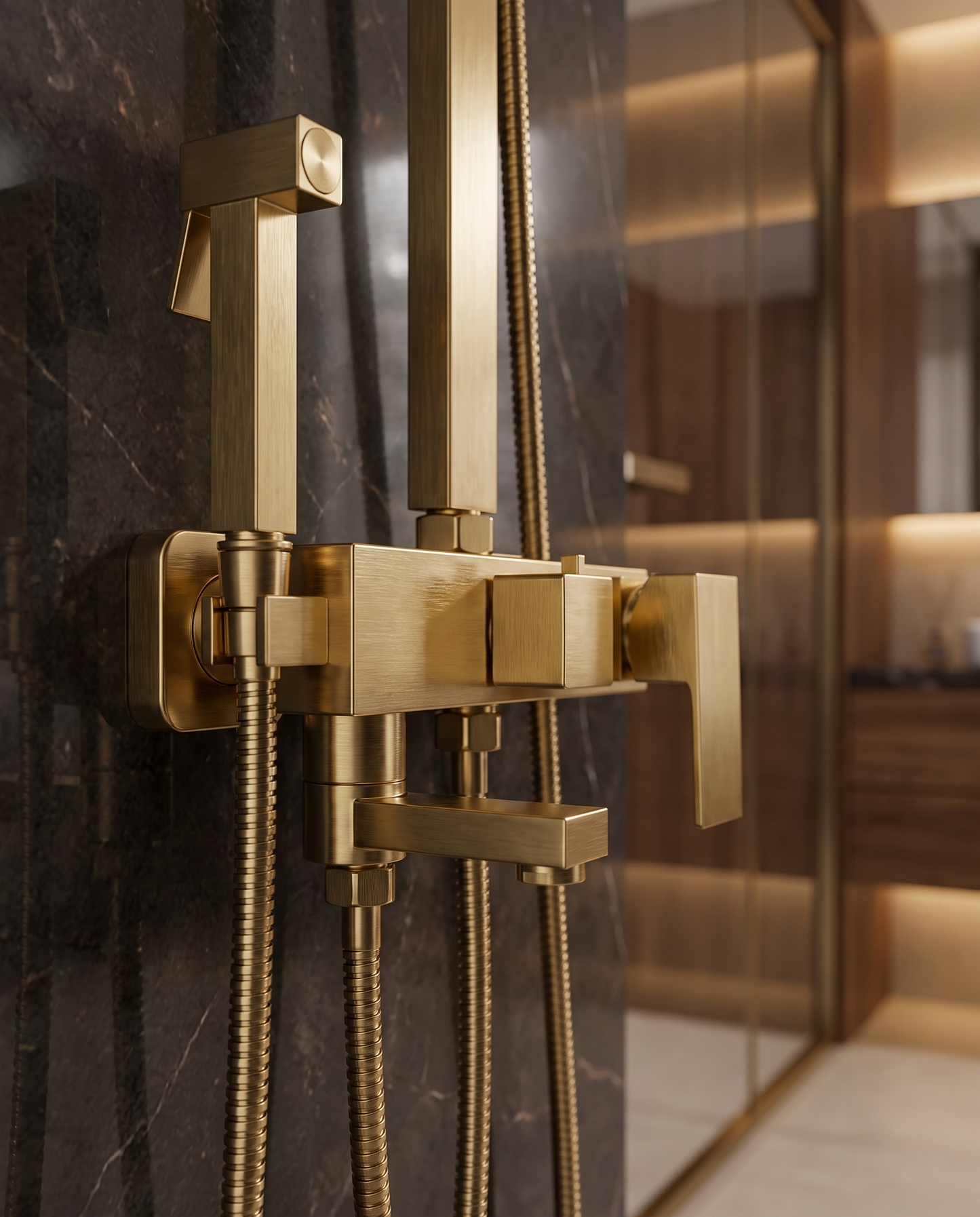 Colonne de douche avec mitigeur et bidet or brossé