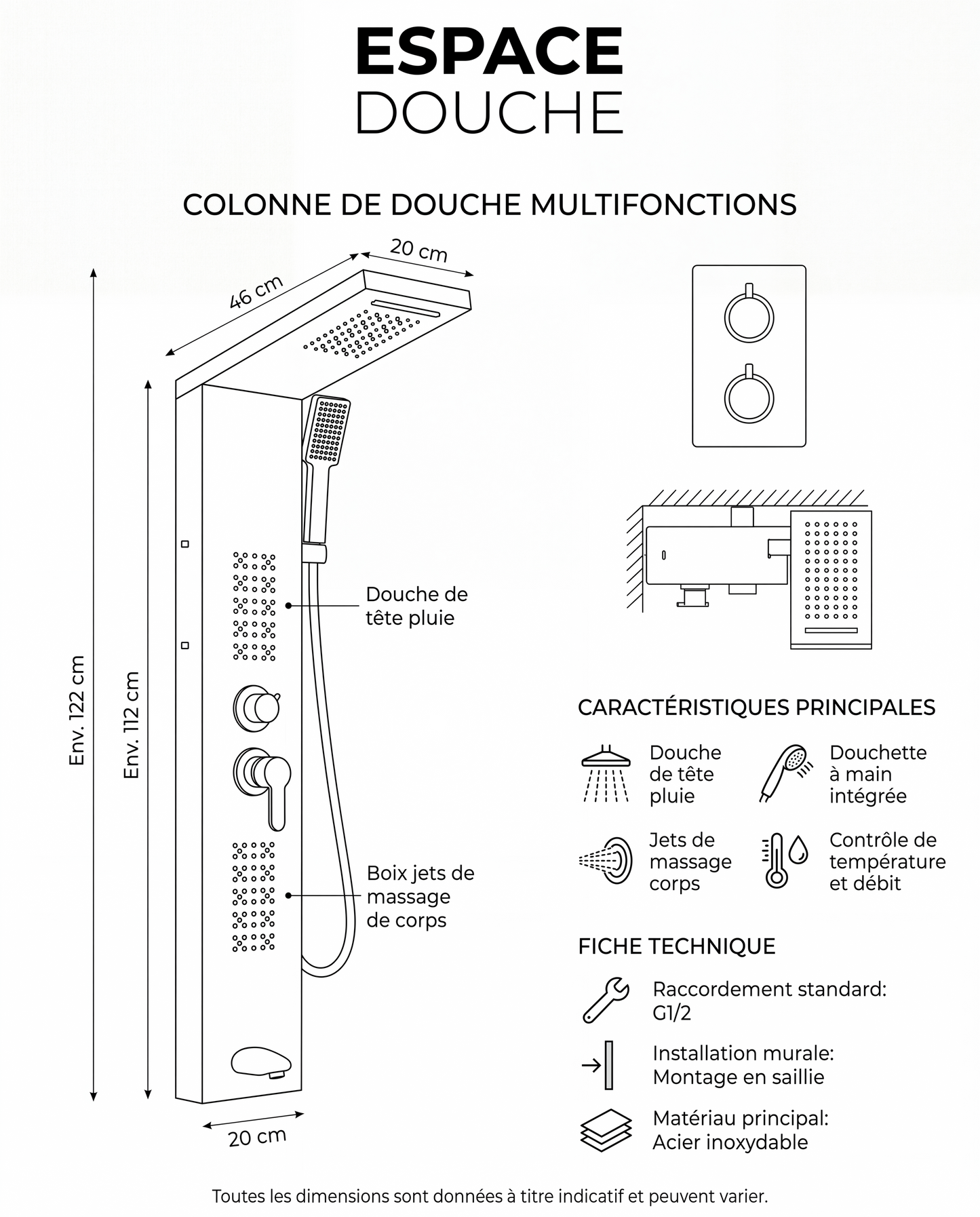 Colonne de douche hydromassante Rumi Chrome brossé